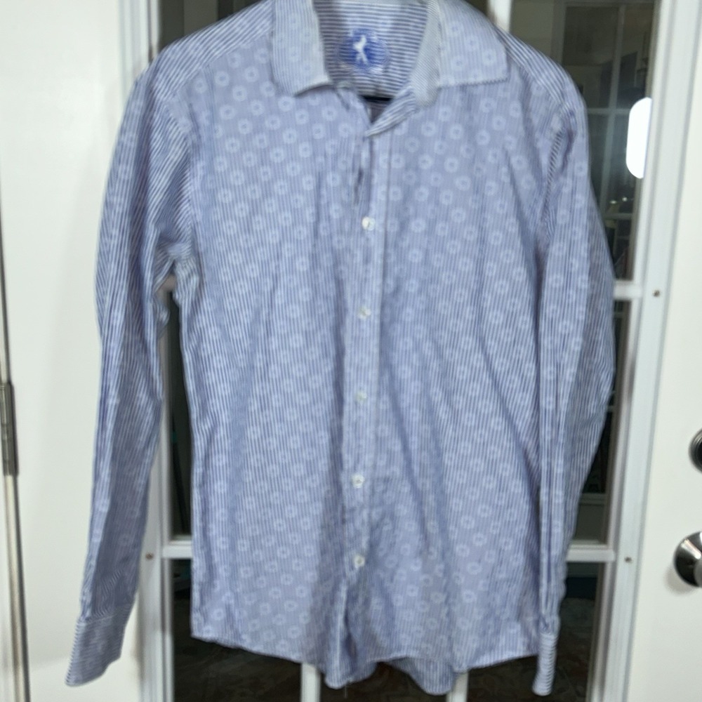 Bugatchi‎ Shaped Fit Blue White Stripe Medallion Print Dress Shirt Men's Medium - Picture 2 of 16